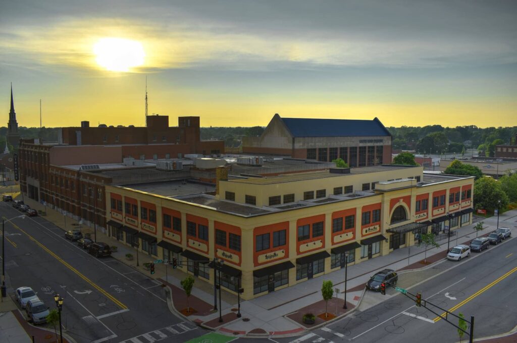 South Bend, Indiana city overview at sunset